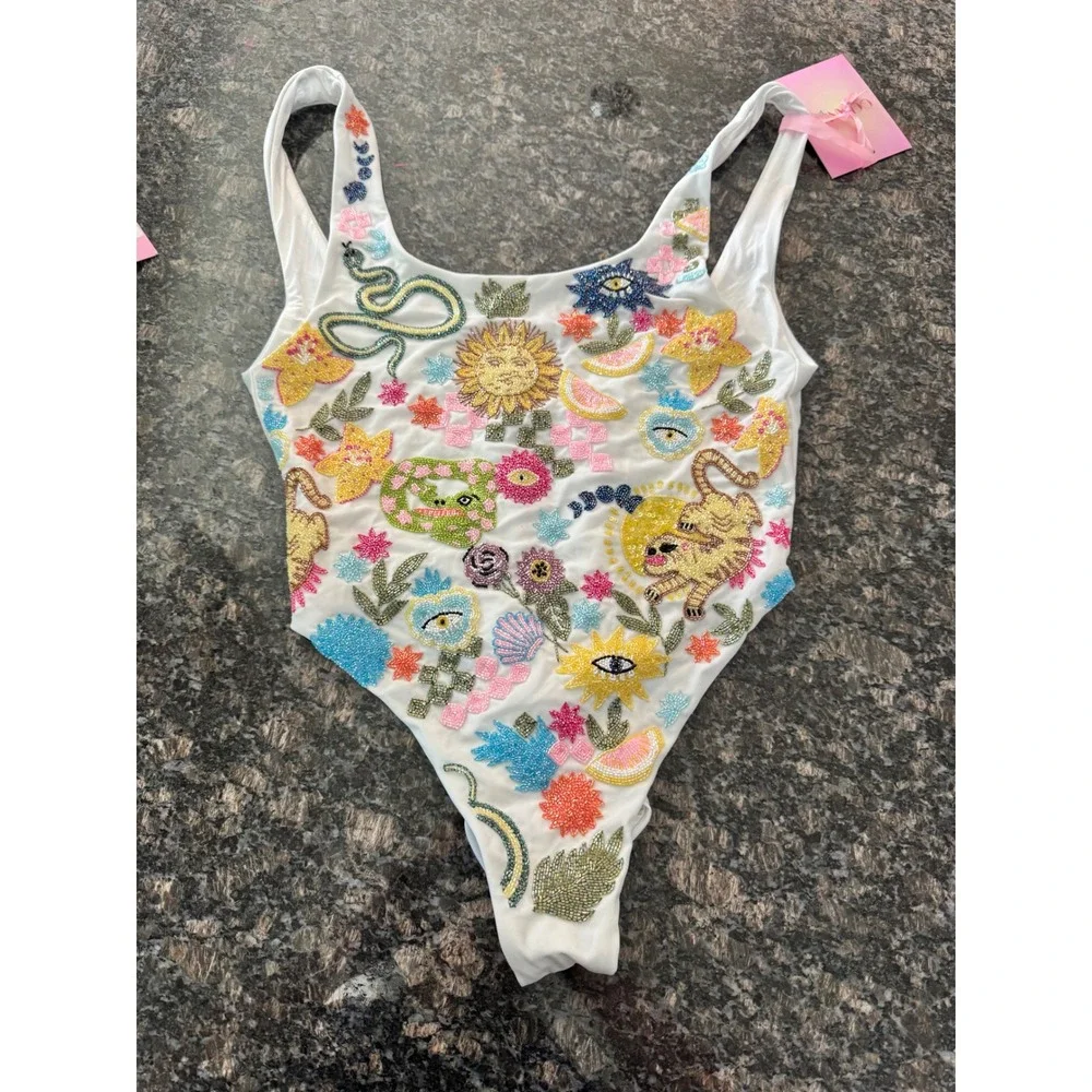 $498 Oceanus The Label‎ Sunny Snake White Beaded One Piece Swimsuit SW018 L NEW